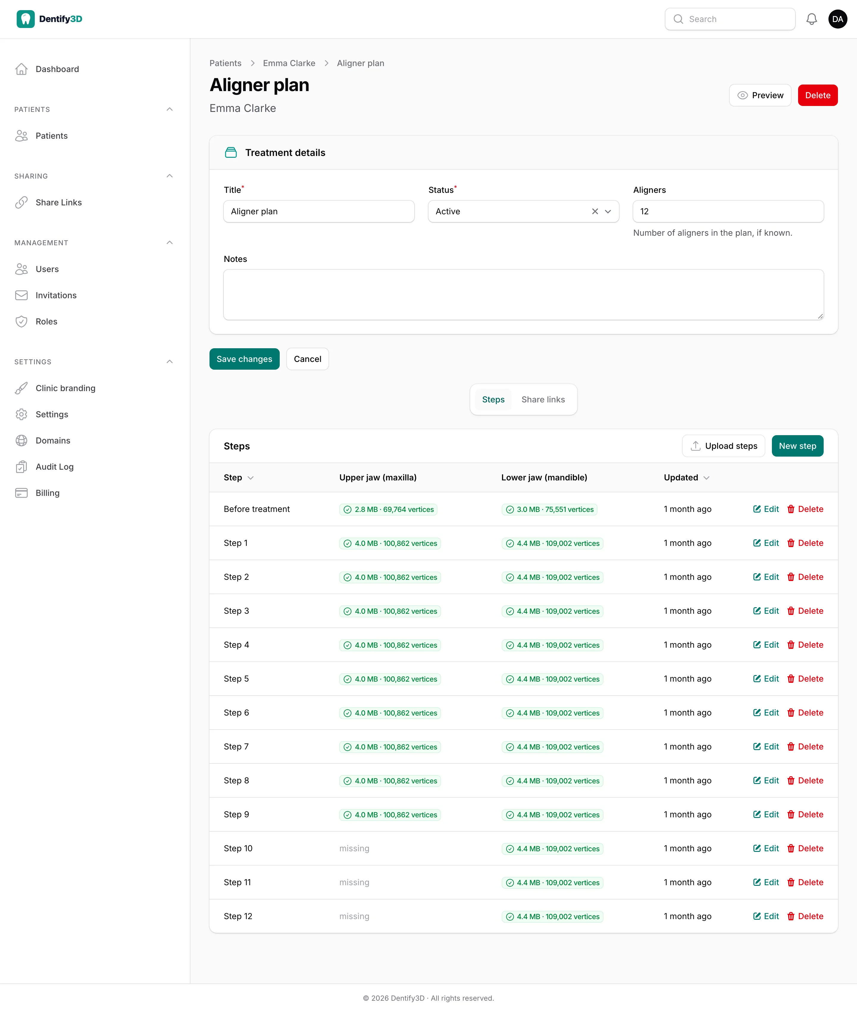 Behandlungsseite mit der Liste der Schritte und den Dateien für Ober- und Unterkiefer